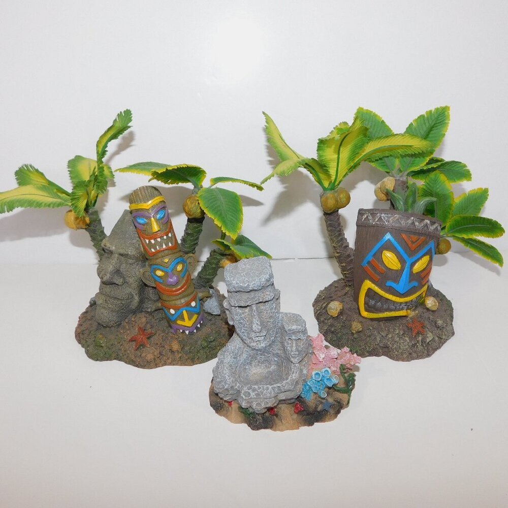 Set 3 Aquarium Fish Tank Decore Ornament Decorations Tahiti Village Moai Head